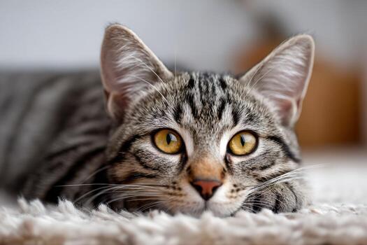 adorable atigrado gato relajante en un suave superficie a hogar foto