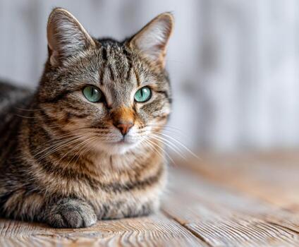 atigrado gato relajante en de madera piso en brillante interior ajuste foto