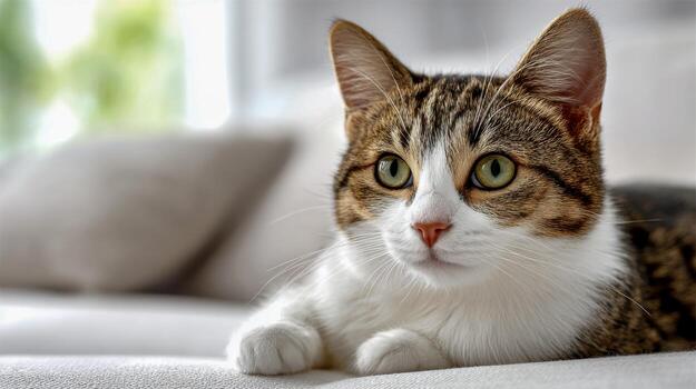 gato relajante en un acogedor sofá en un brillante interior ajuste foto