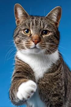 Cute tabby cat reaching out with paw against a blue background photo