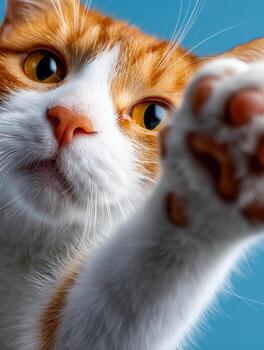 curioso naranja gato alcanzando fuera con sus pata hacia el cámara foto