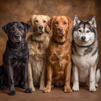 Four dogs pose together in a friendly studio setting photo
