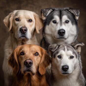 Four dogs of different breeds sit together with serious expressions photo