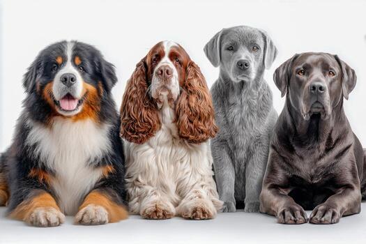 Four dog breeds lined up, each showing unique features photo