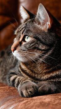 Beautiful tabby cat resting on brown sofa looking elegant photo