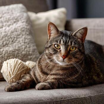Cat relaxing on the couch with a ball of yarn during afternoon light photo