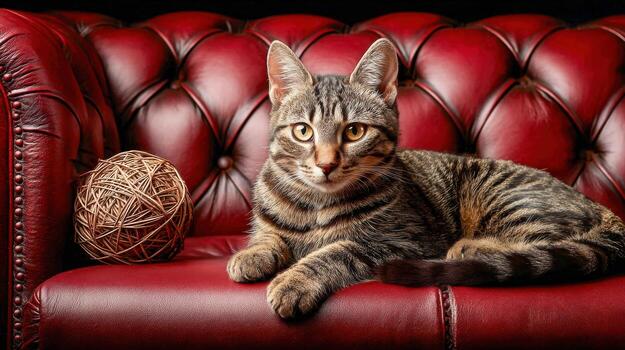 elegante atigrado gato relajante en un rojo cuero sofá con un hilo pelota foto