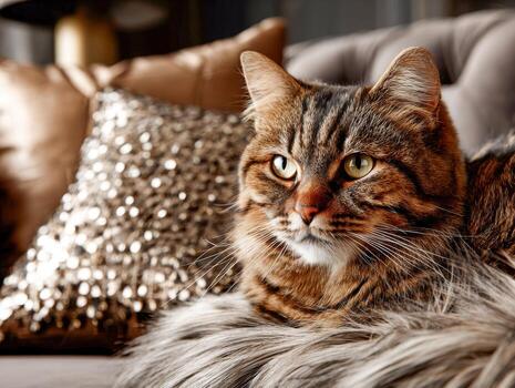 hermosa atigrado gato descansando en un acogedor sofá con decorativo almohadas foto