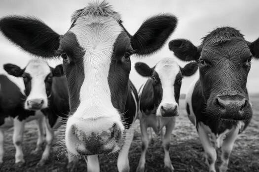 Black and white cows grazing on a cloudy day in the pasture photo