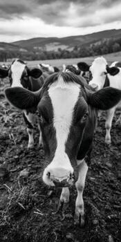 Cows grazing in a serene pasture during an overcast day photo
