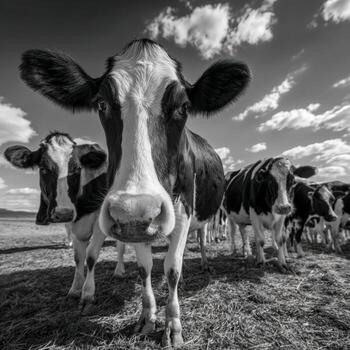 Black and white cows grazing under a blue sky in an open field photo