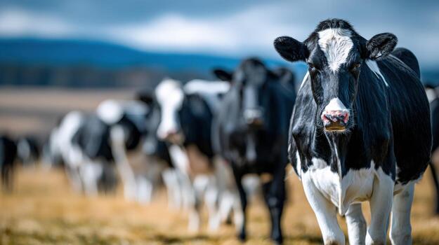 Cows grazing in a sunny field amid rolling hills in spring season photo