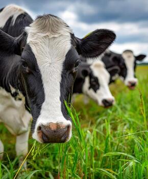Cows grazing in a lush green field under cloudy skies photo