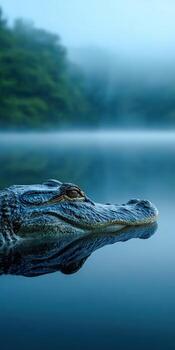 Alligator gliding through calm waters at dawn in a misty bayou photo