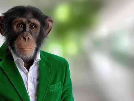 Anthropomorphic ape in a vibrant green blazer looks directly at the camera photo