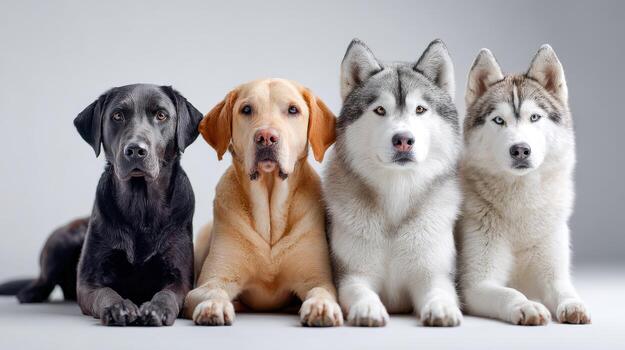 Various breeds of dogs lined up in a row on a light background photo