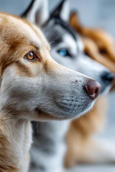 Dogs lined up in profile showcasing different breeds and colors photo