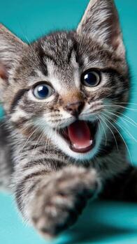 Happy striped kitten playing on a blue background with excitement photo