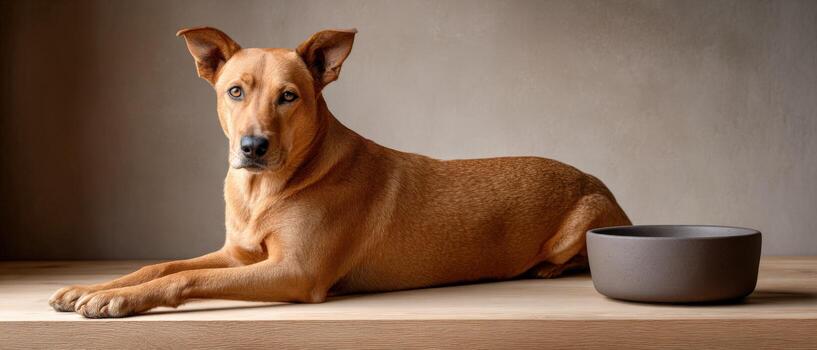 Dog resting on wooden shelf next to empty food bowl in calm setting photo
