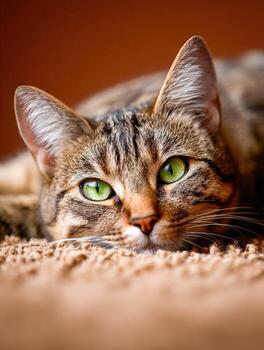 Tabby cat resting on a soft surface with bright green eyes photo