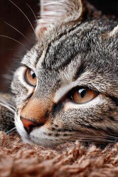 curioso atigrado gato descansando suavemente en un acogedor superficie foto
