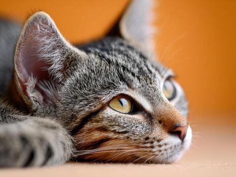 a rayas gato descansando en un suave superficie en calentar ligero foto