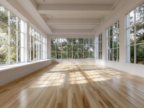 limpio, vacío habitación con grande ventanas Listo para nuevo mueble colocación foto