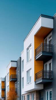 Detailed architectural view of vibrant Bauhaus buildings in urban setting photo
