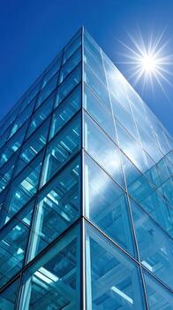 Modern glass building reflects sunlight in urban setting photo