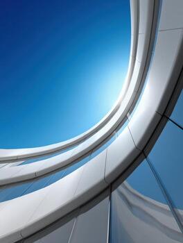 Modern architecture featuring curved lines under a clear blue sky photo