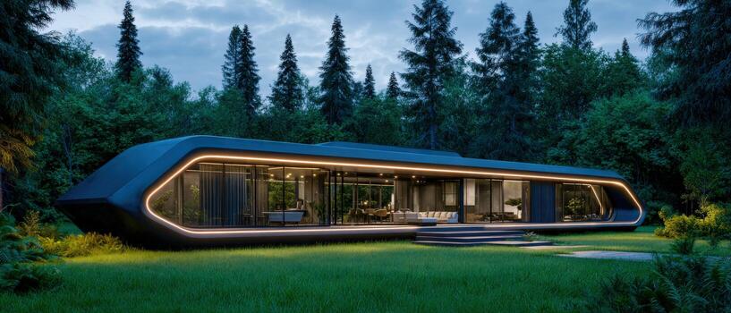 Modern house design blends with nature in serene forest setting photo