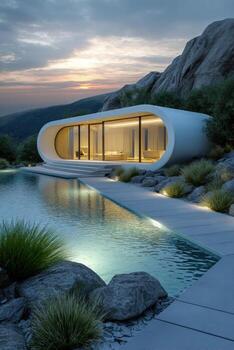 moderno casa con pulcro arquitectura junto a un tranquilo piscina a puesta de sol foto