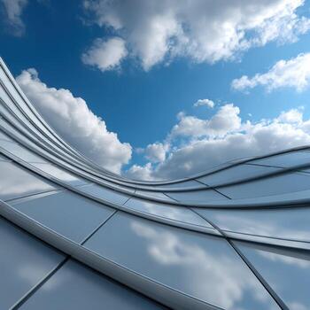 Modern architecture with curved glass reflecting the sky photo