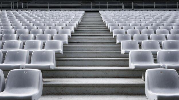 Empty stadium seating in a modern sports venue with rows of gray chairs photo