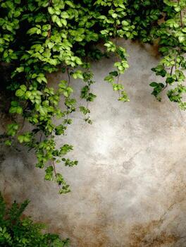Elegant green vines cascade over a textured wall creating a serene atmosphere photo