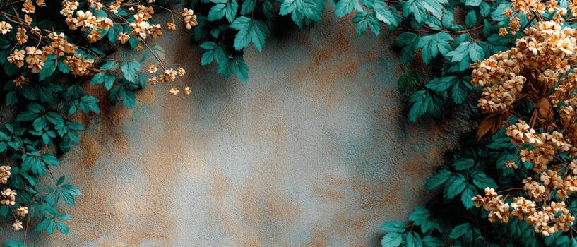 Beautiful textured wall framed by vibrant green leaves and delicate flowers photo