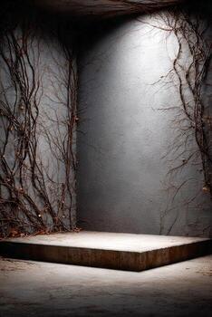 Vines and shadows create a dramatic atmosphere in an empty urban space photo