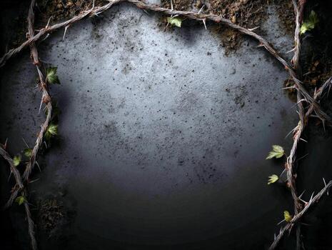 Intricate design of barbed wire intertwined with green leaves on dark soil photo