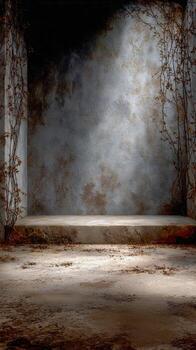 Empty room with vines and soft lighting creating a tranquil atmosphere photo