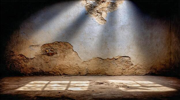 Light streaming through a cracked wall in a dimly lit empty room photo