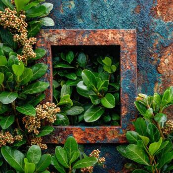 verde hojas enmarcado por rústico pared con texturizado detalles en un urbano ajuste foto