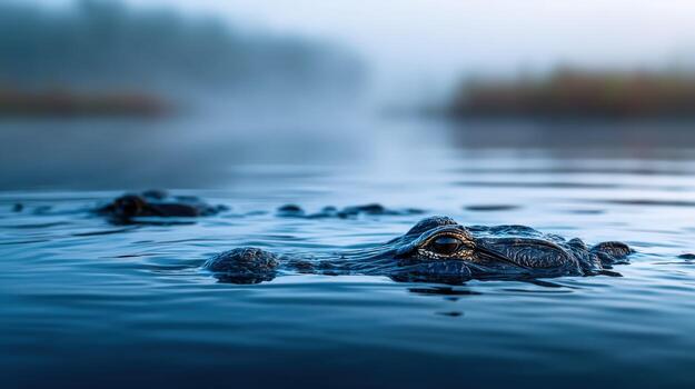 Crocodile emerges from the still waters at dawn in a misty landscape photo