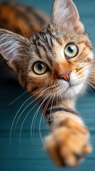 Cat stretches its paw towards the camera with curious eyes and playful demeanor photo