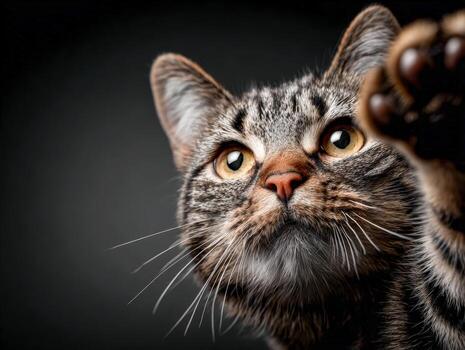 gato alcanzando fuera con sus pata en un juguetón expresión en contra un oscuro fondo foto