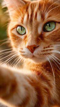 Ginger cat reaching out with paw in sunlight during early evening hours photo