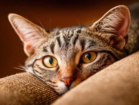 Cat relaxing on soft couch surface with curious expression in cozy setting photo