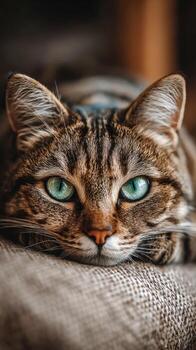 Cat resting peacefully on a soft surface with striking green eyes photo