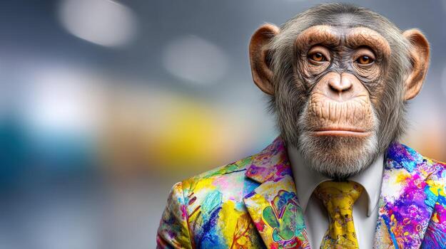 Monkey in a colorful suit poses in a modern art gallery setting photo