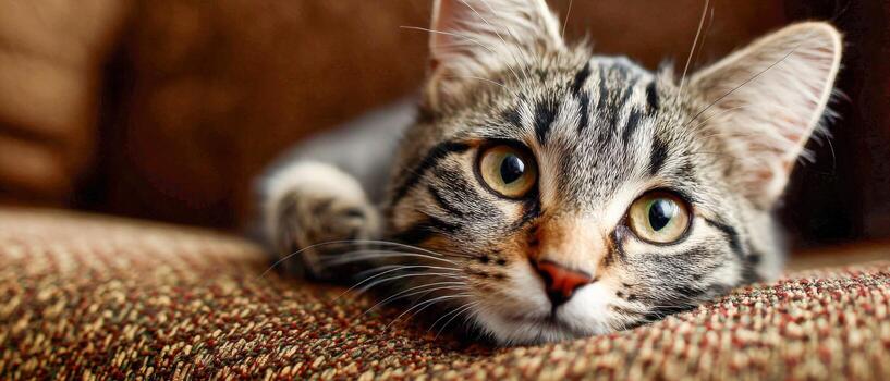 curioso atigrado gato relajante en un marrón sofá a hogar en el tarde ligero foto