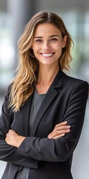 Professional woman smiling confidently in a modern office setting photo